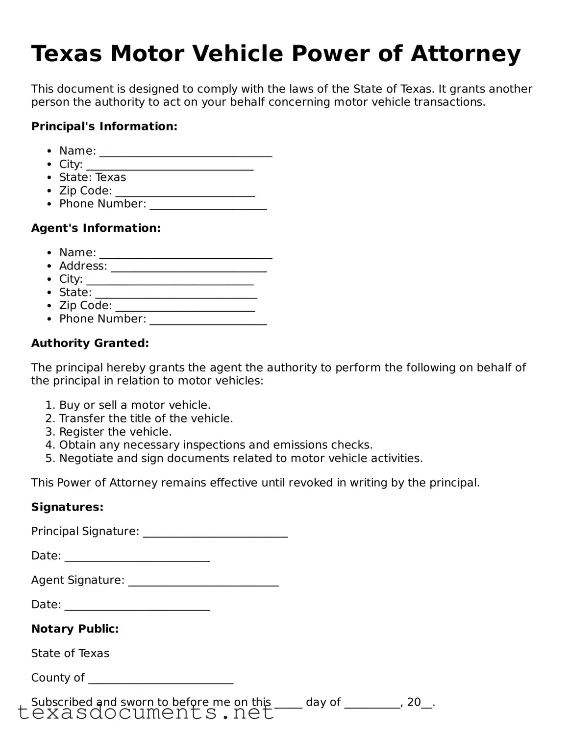 Fillable  Motor Vehicle Power of Attorney Template for Texas