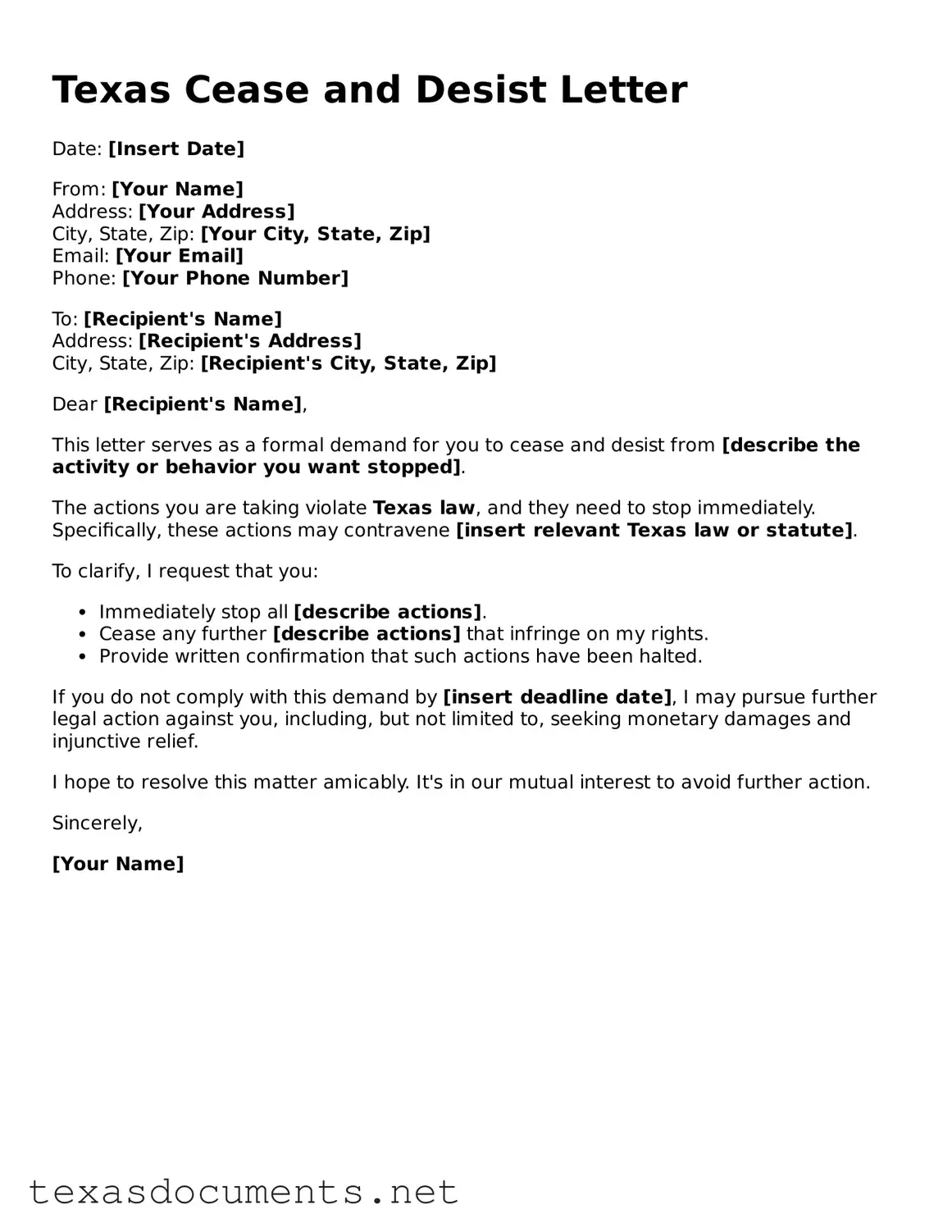 Fillable  Cease and Desist Letter Template for Texas