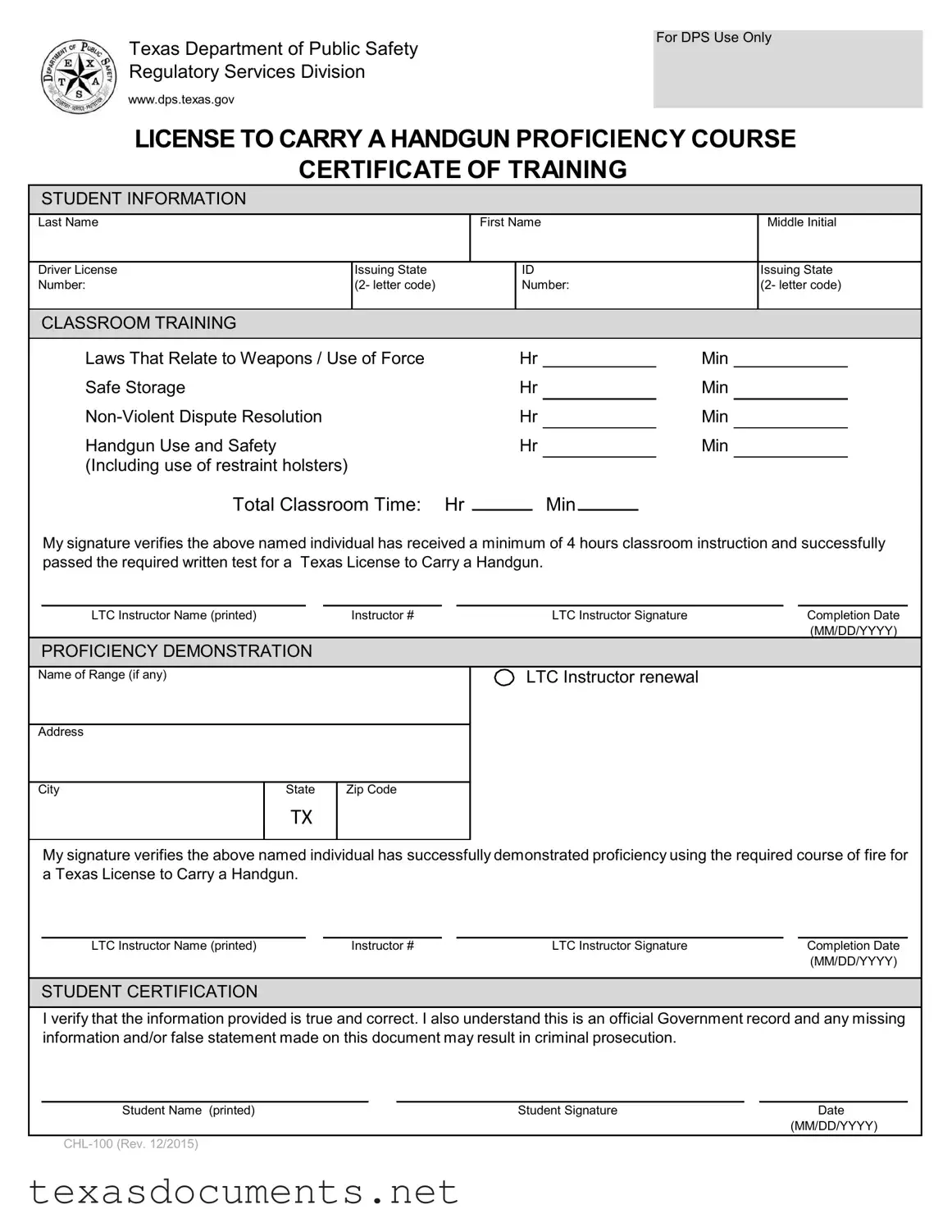 Fill Your Texas Chl 100 Form
