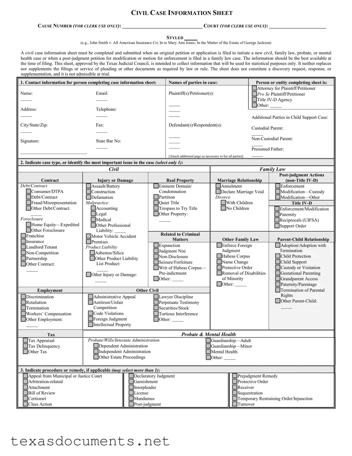 Fill Your Texas Civil Case Form