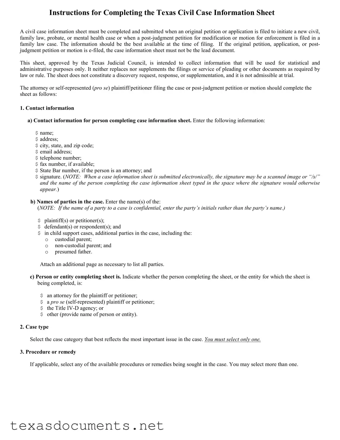 Fill Your Texas Civil Case Information Sheet Form