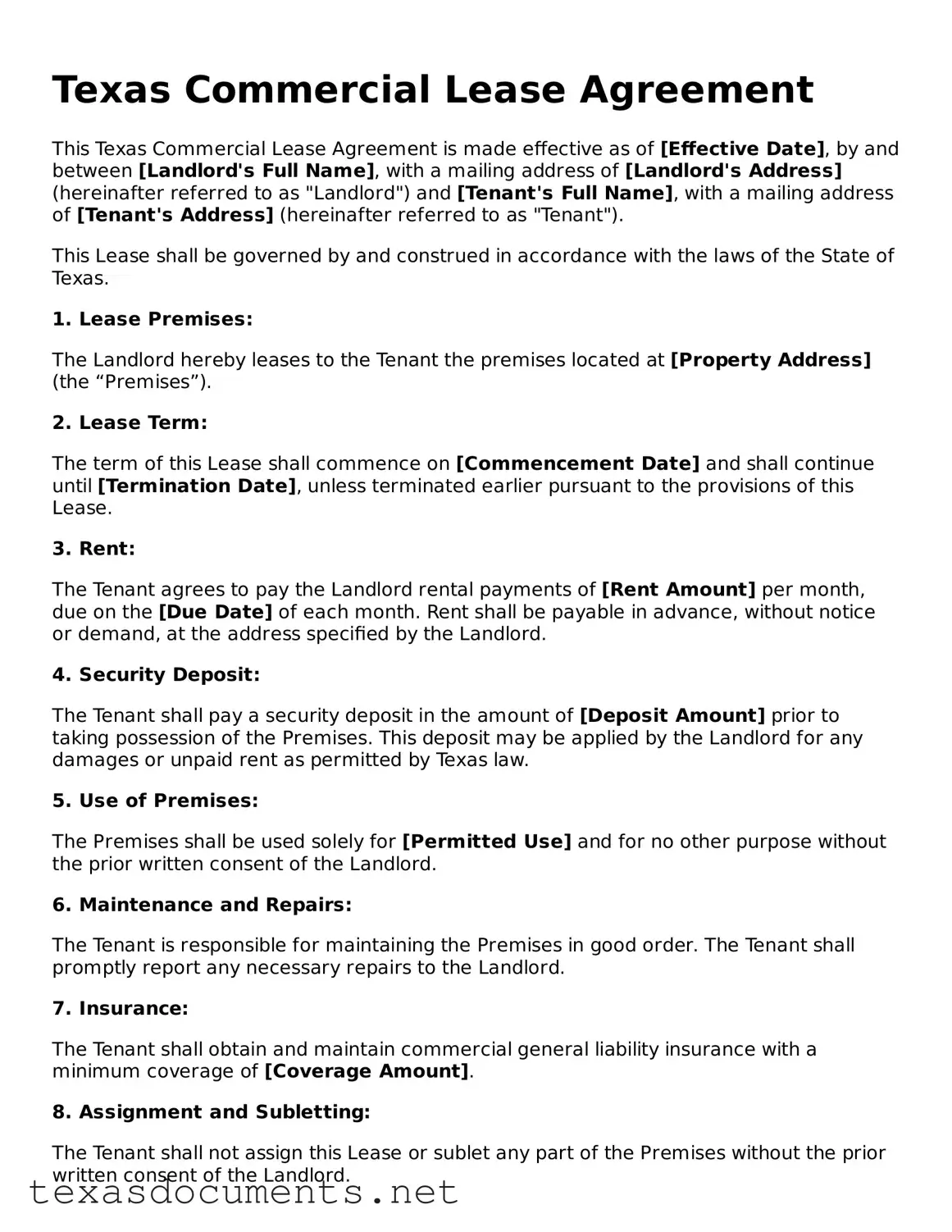 Fillable  Commercial Lease Agreement Template for Texas