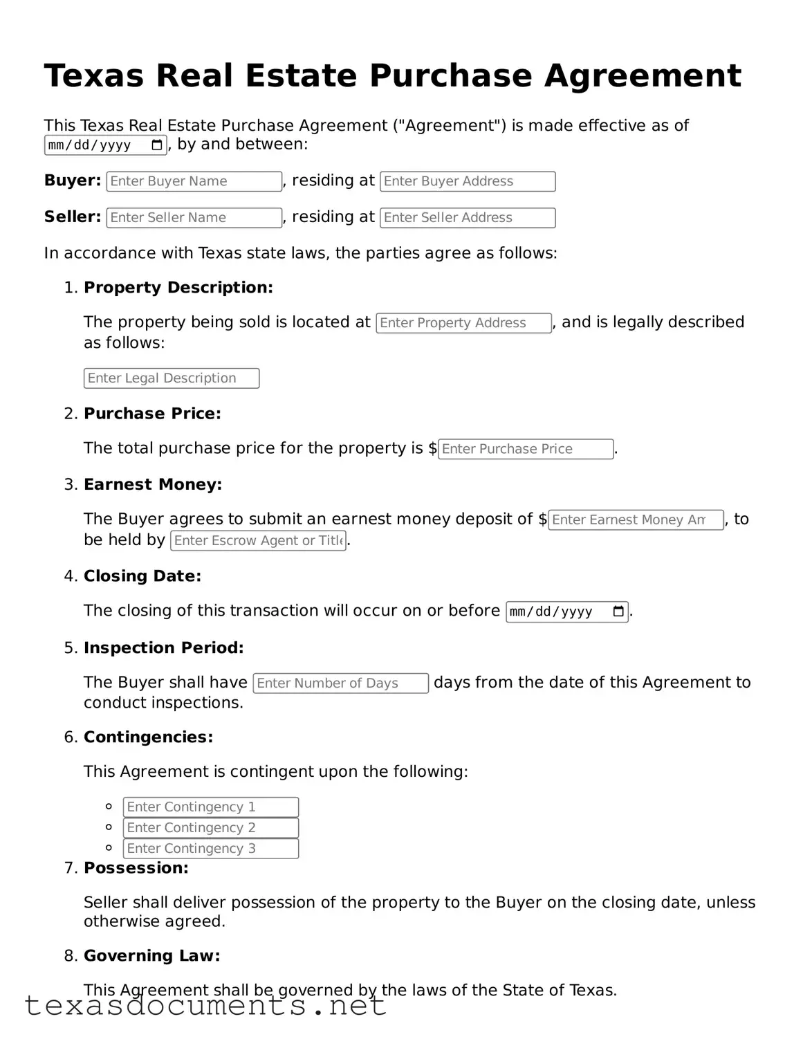 Fillable  Real Estate Purchase Agreement Template for Texas