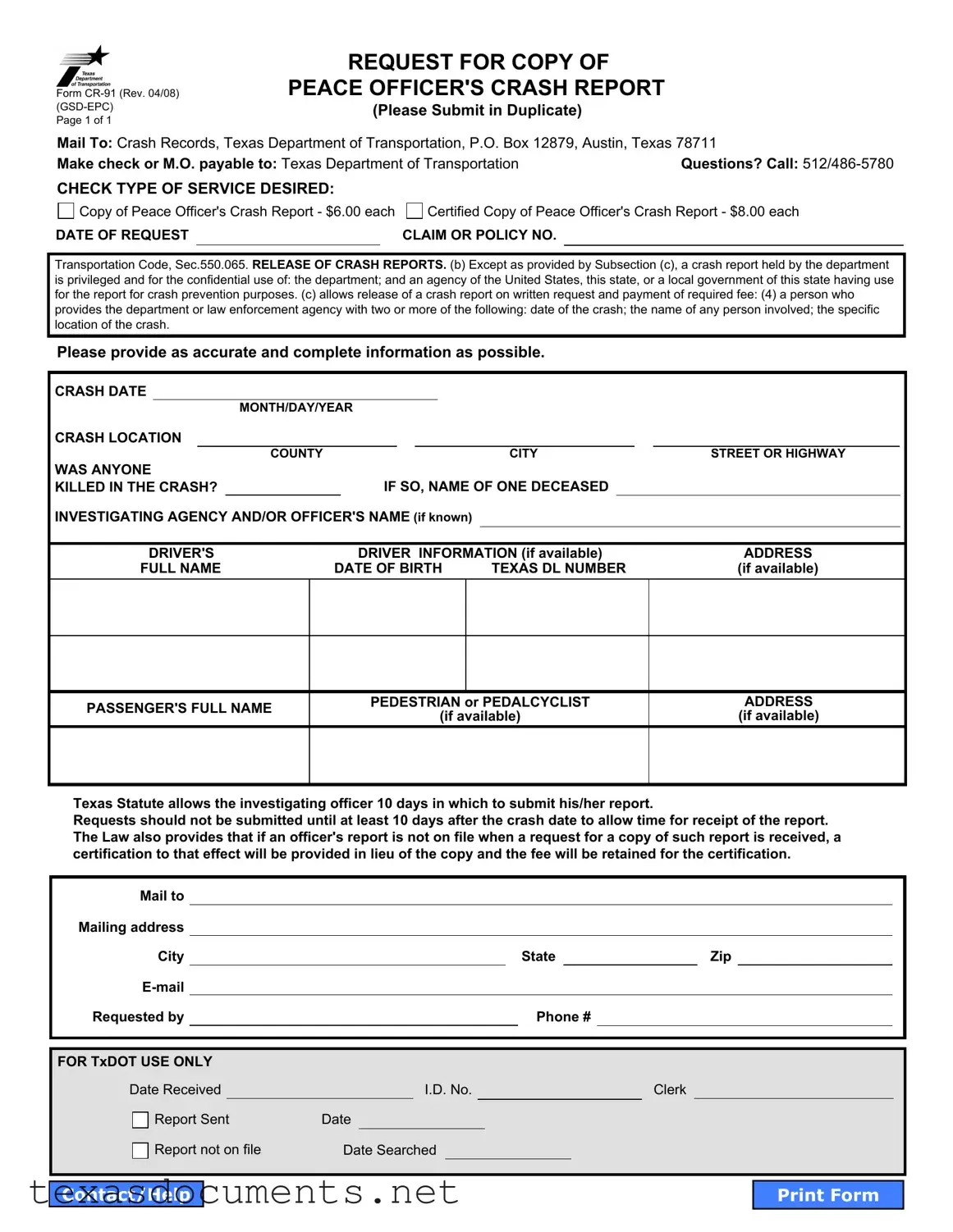 Fill Your Texas Cr 91 Form