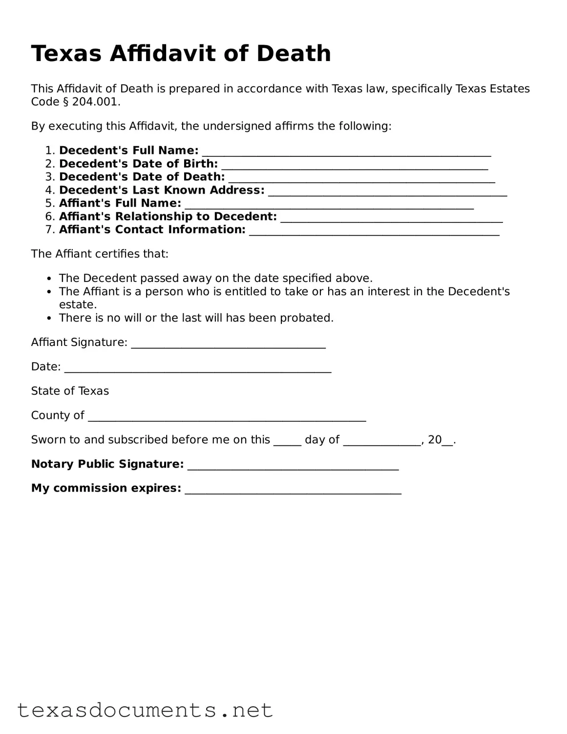 Fillable  Affidavit of Death Template for Texas