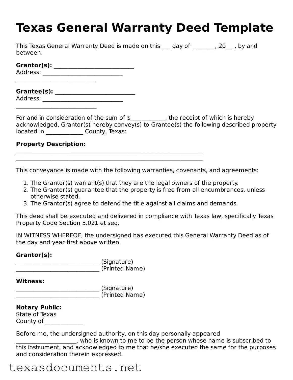 Fillable  Deed Template for Texas