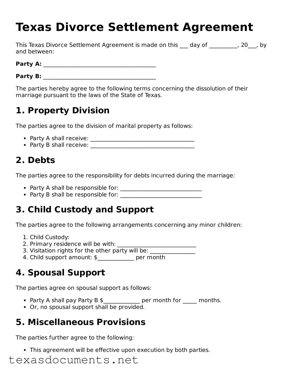 Fillable  Divorce Settlement Agreement Template for Texas