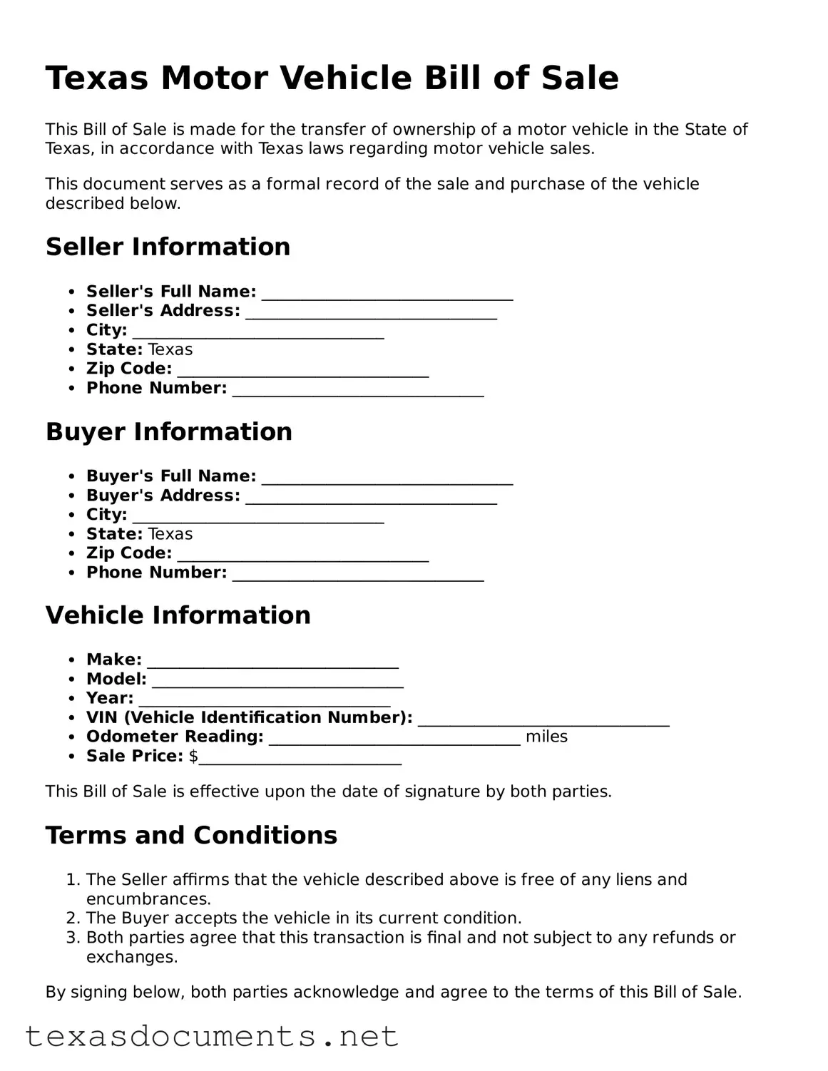 Fillable  Motor Vehicle Bill of Sale Template for Texas