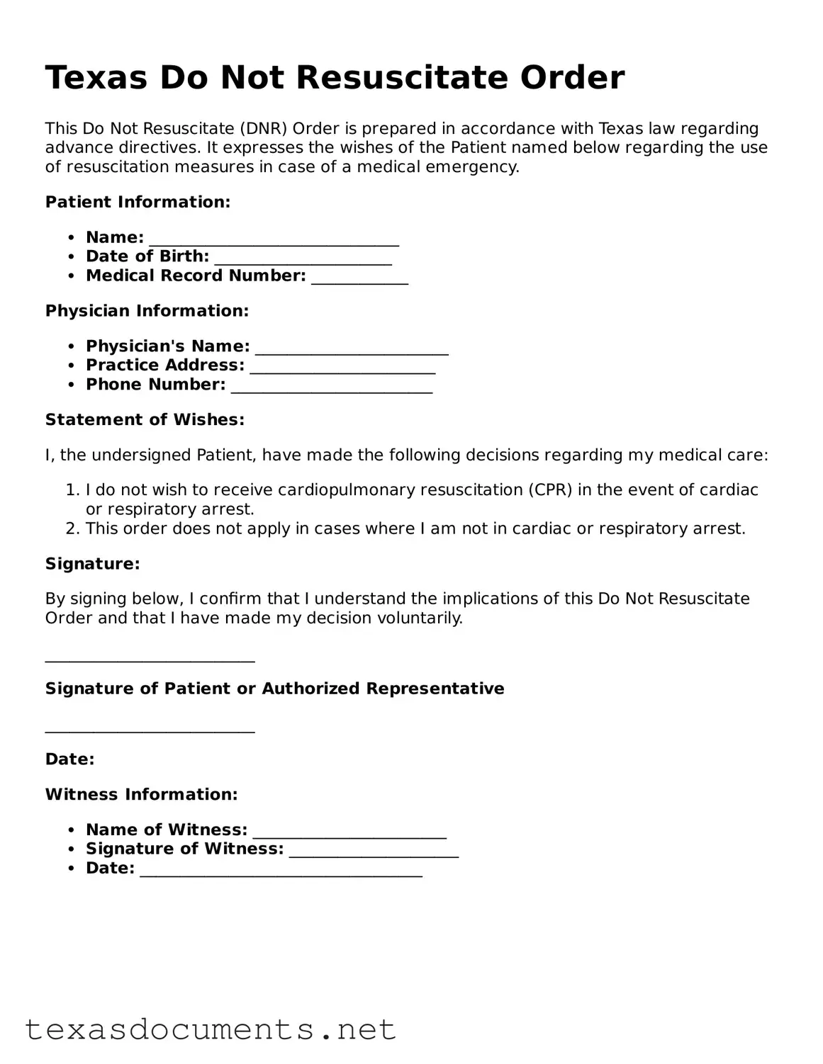 Fillable  Do Not Resuscitate Order Template for Texas