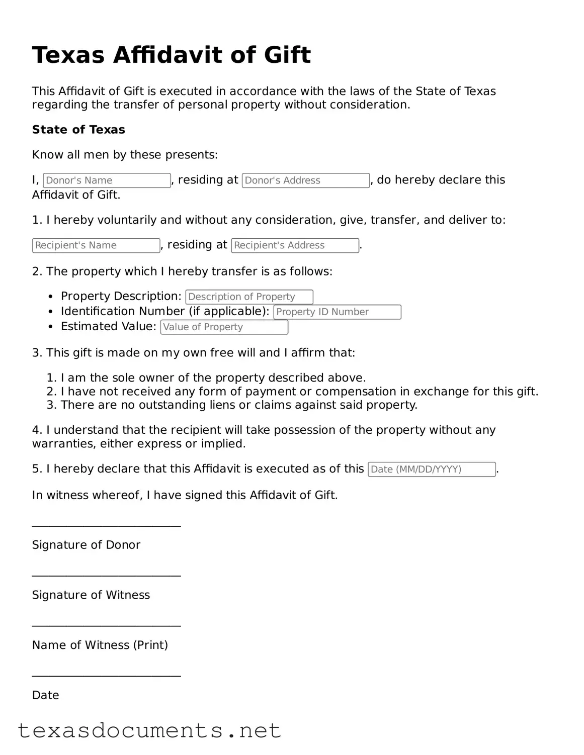 Fillable  Affidavit of Gift Template for Texas