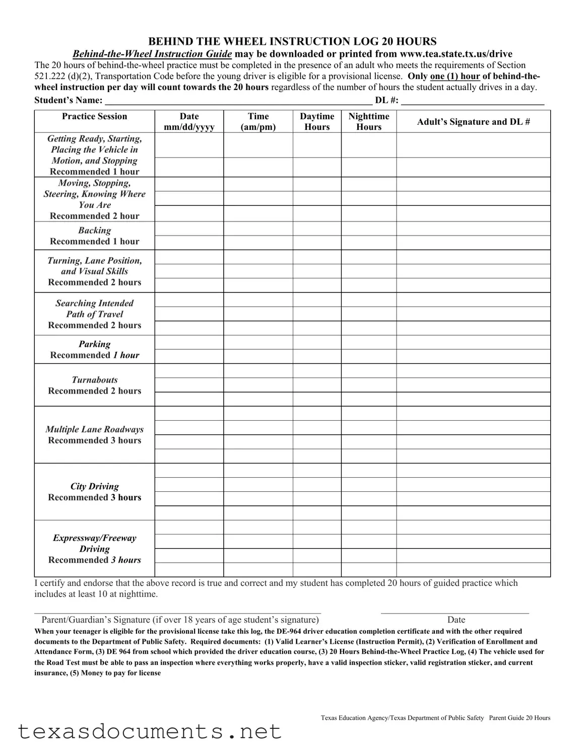 Fill Your Texas Dps Driving Log Form