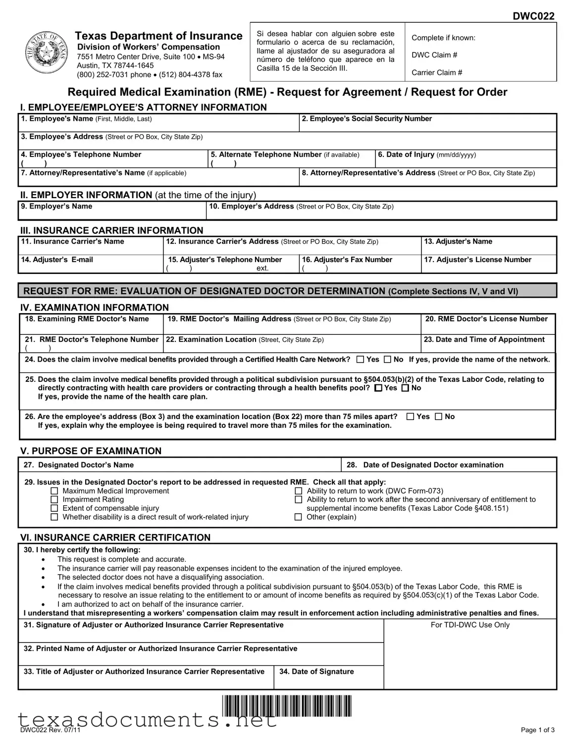 Fill Your Texas Dwc022 Form