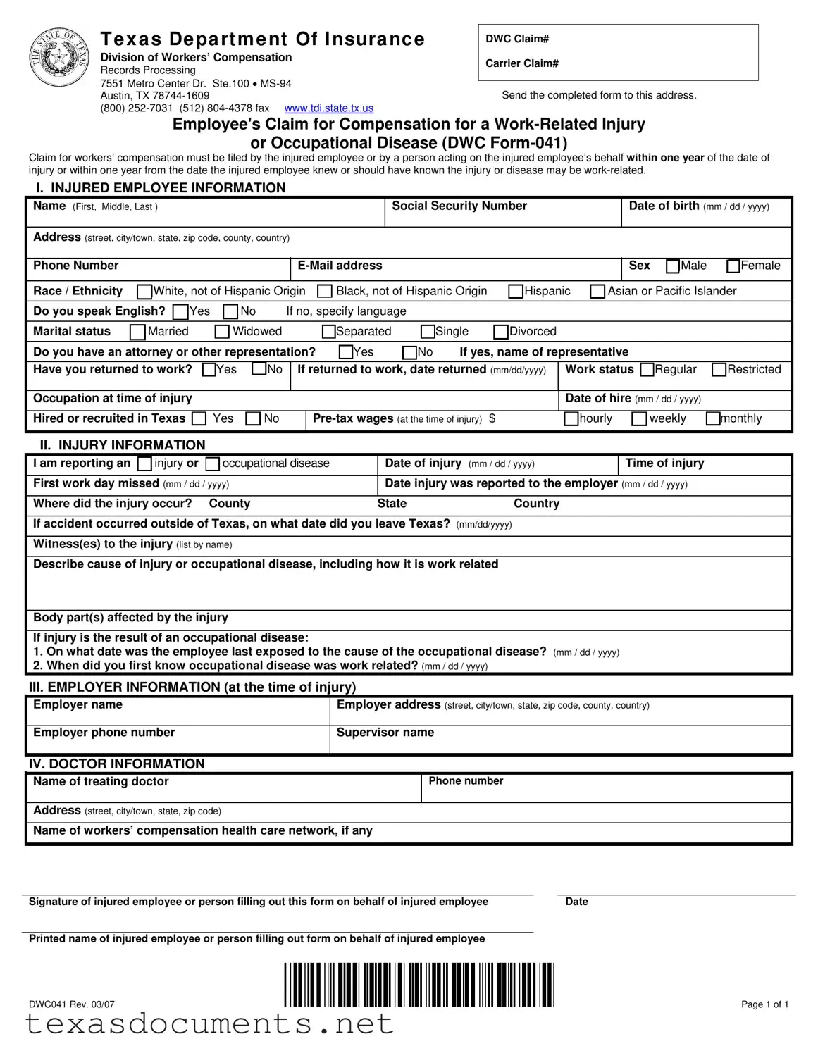 Fill Your Texas Dwc041 Form