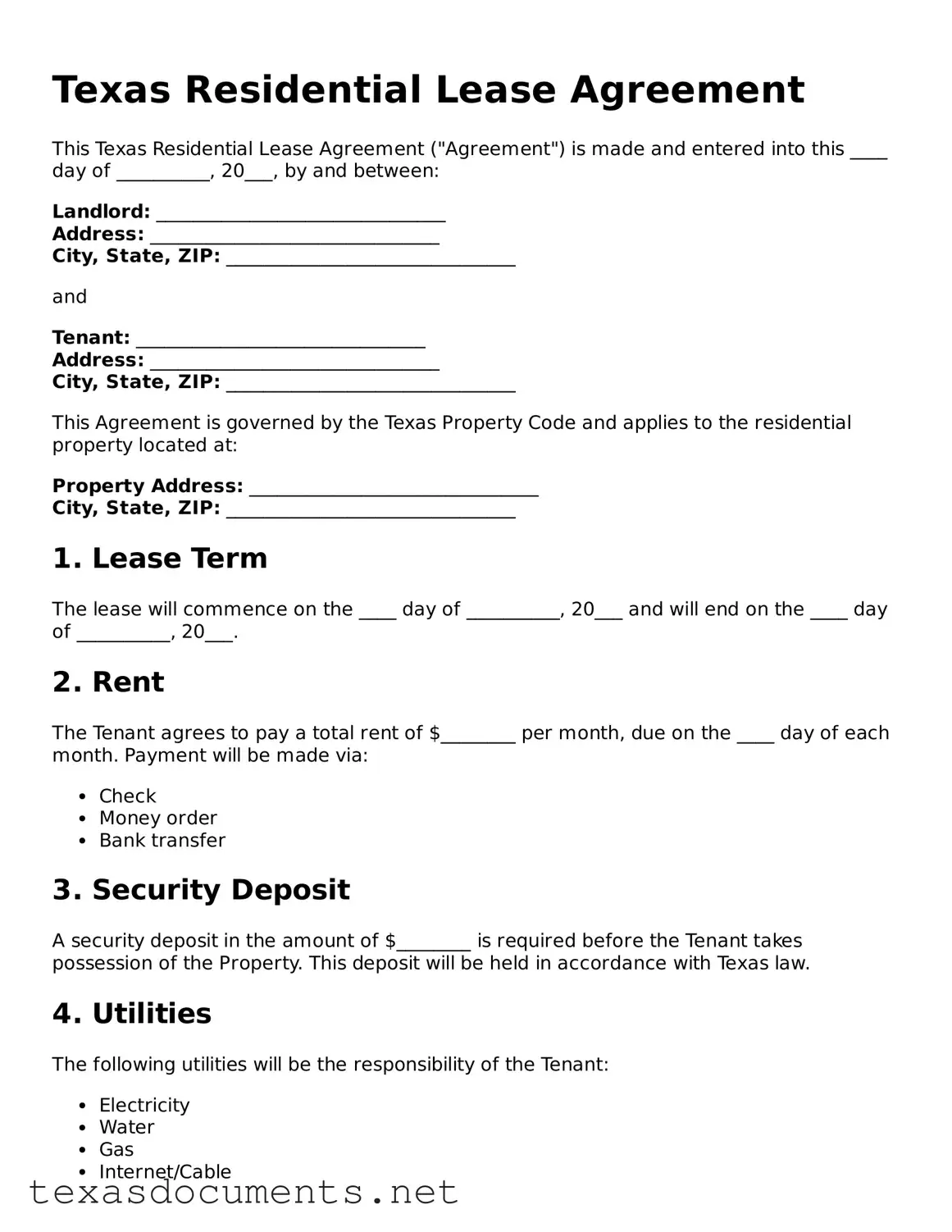 Fillable  Residential Lease Agreement Template for Texas