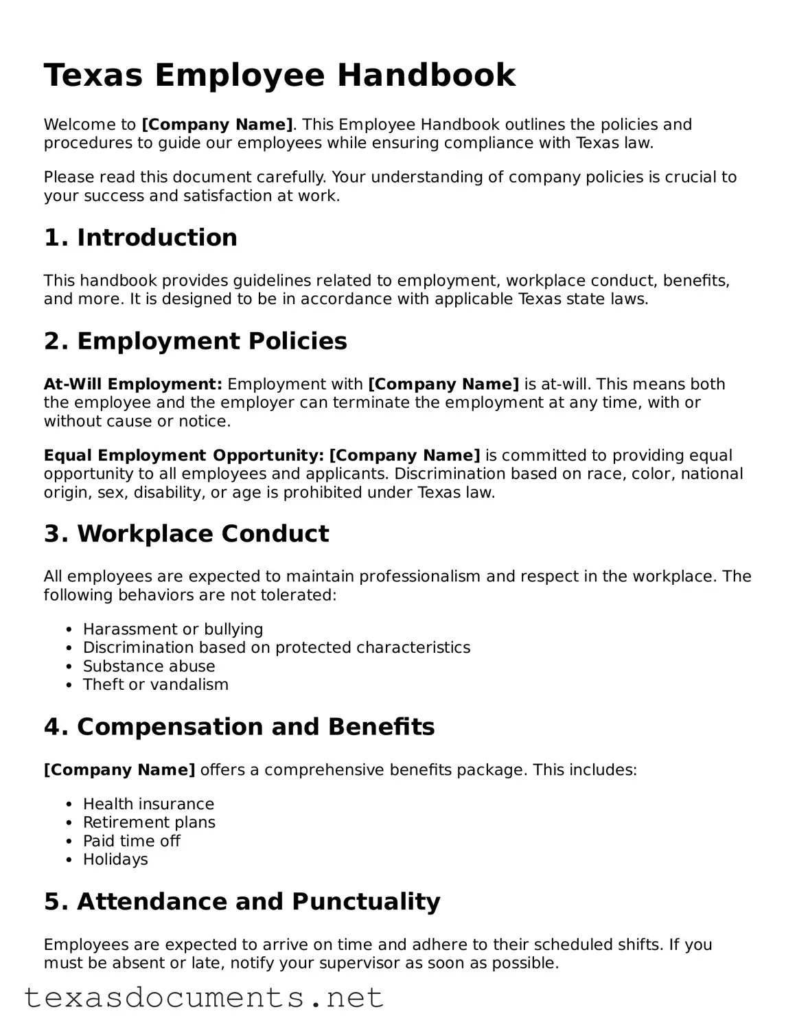 Fillable  Employee Handbook Template for Texas