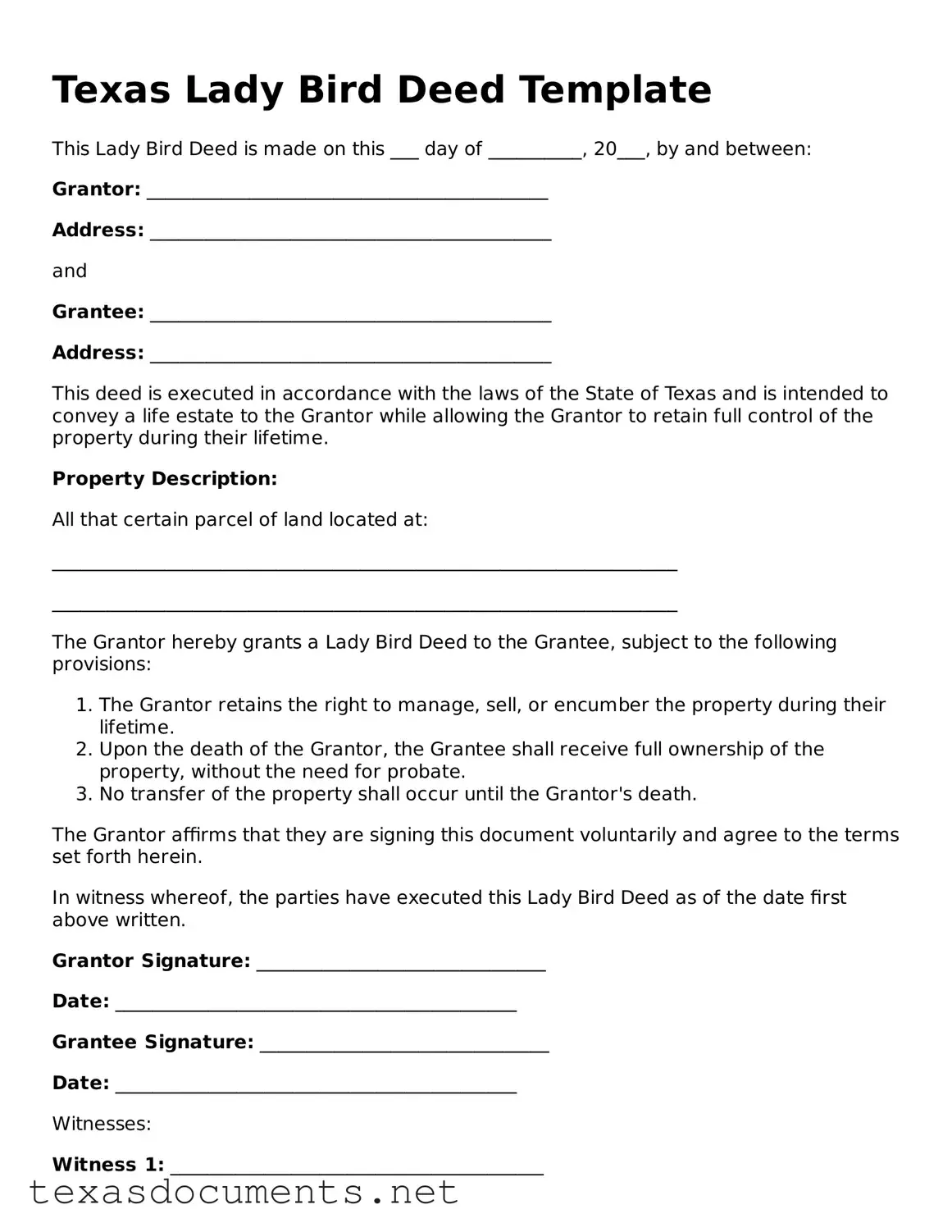 Fillable  Lady Bird Deed Template for Texas