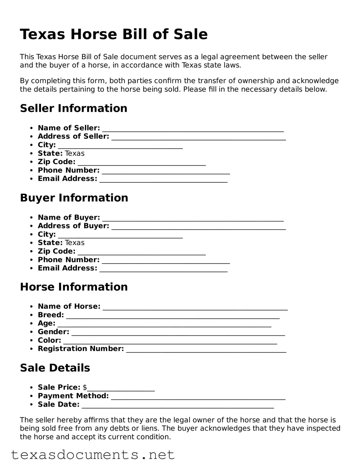 Fillable  Horse Bill of Sale Template for Texas