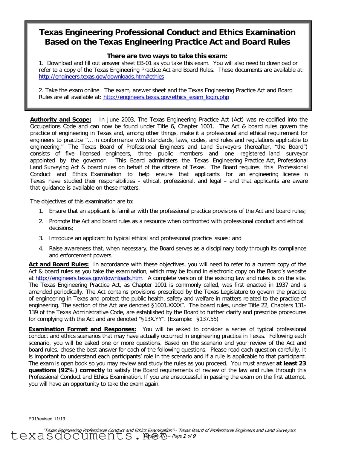 Fill Your Texas Ethics Of Engineering Exam Form