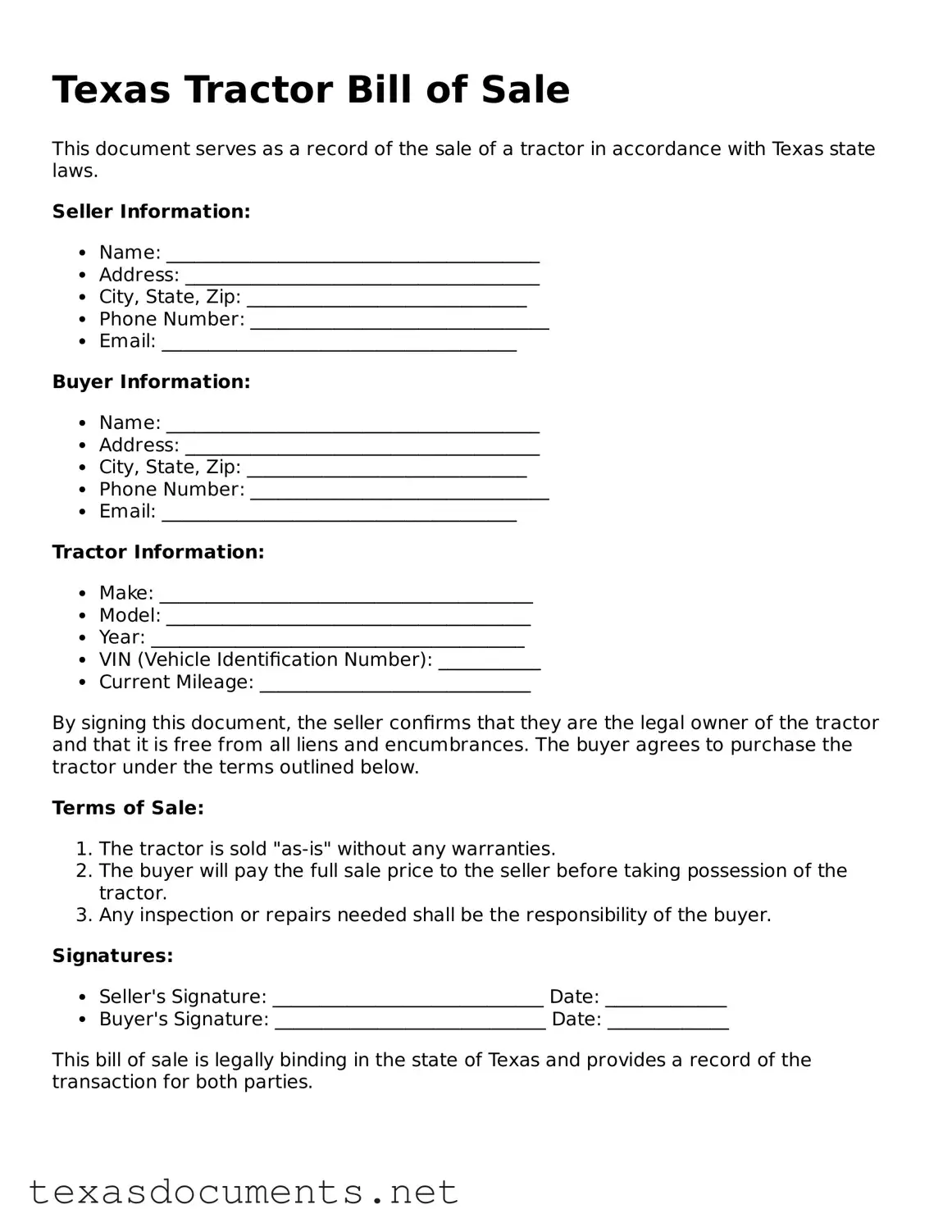 Fillable  Tractor Bill of Sale Template for Texas