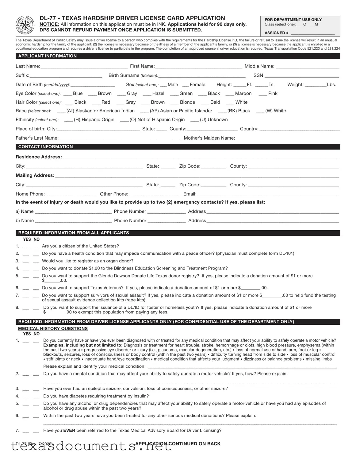 Fill Your Texas From Dl 77 Form