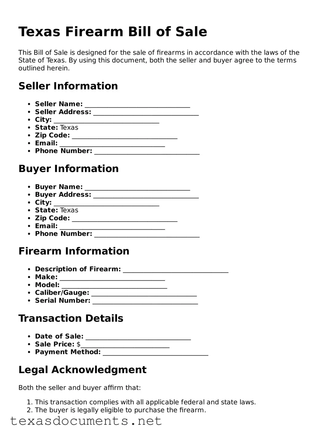 Fillable  Firearm Bill of Sale Template for Texas