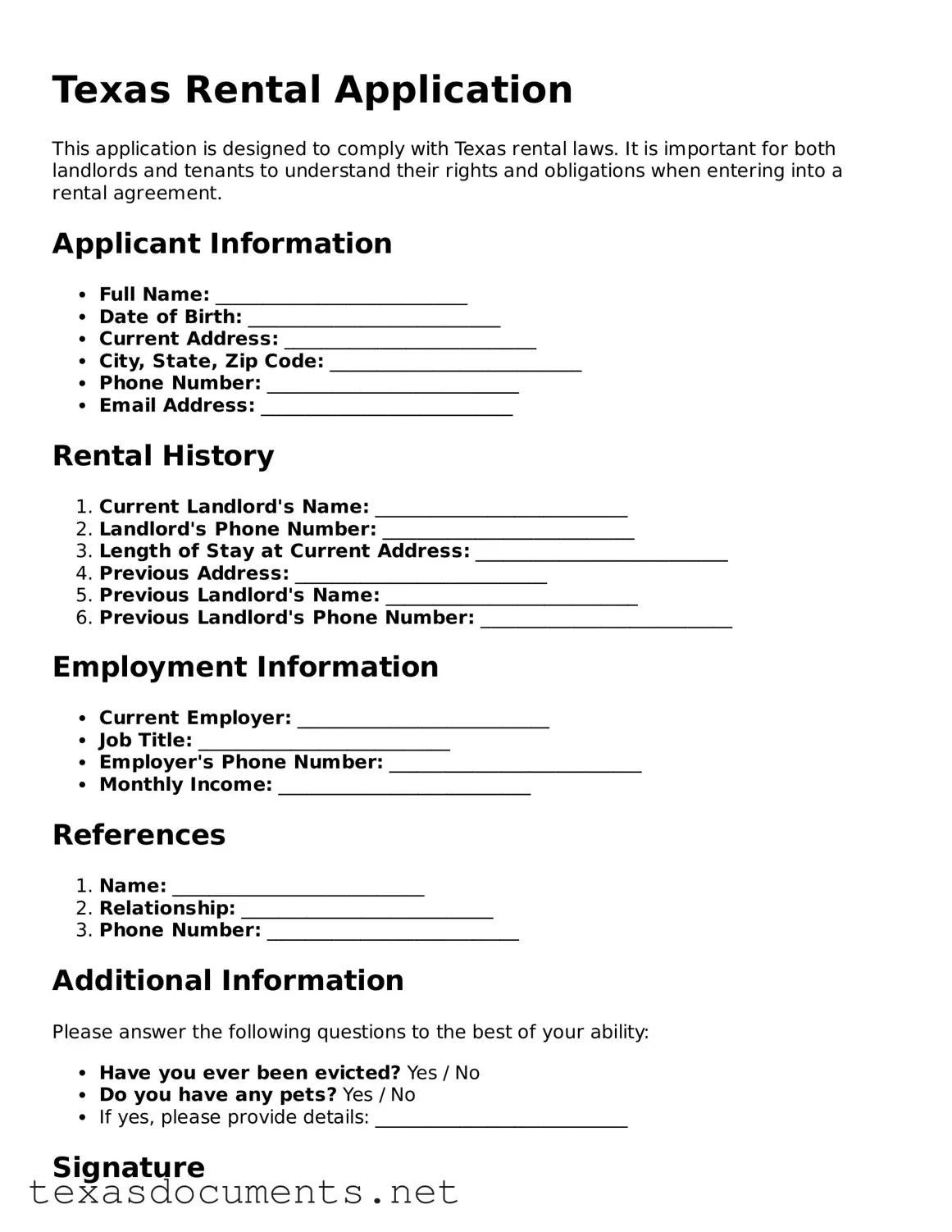 Fillable  Rental Application Template for Texas