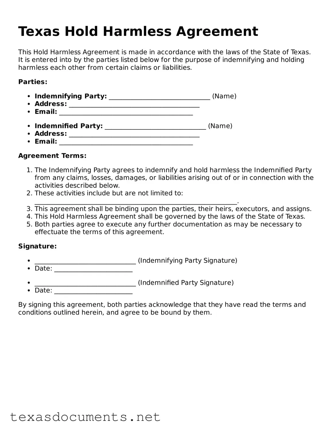 Fillable  Hold Harmless Agreement Template for Texas