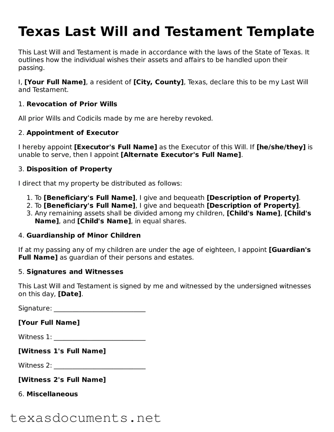 Fillable  Last Will and Testament Template for Texas
