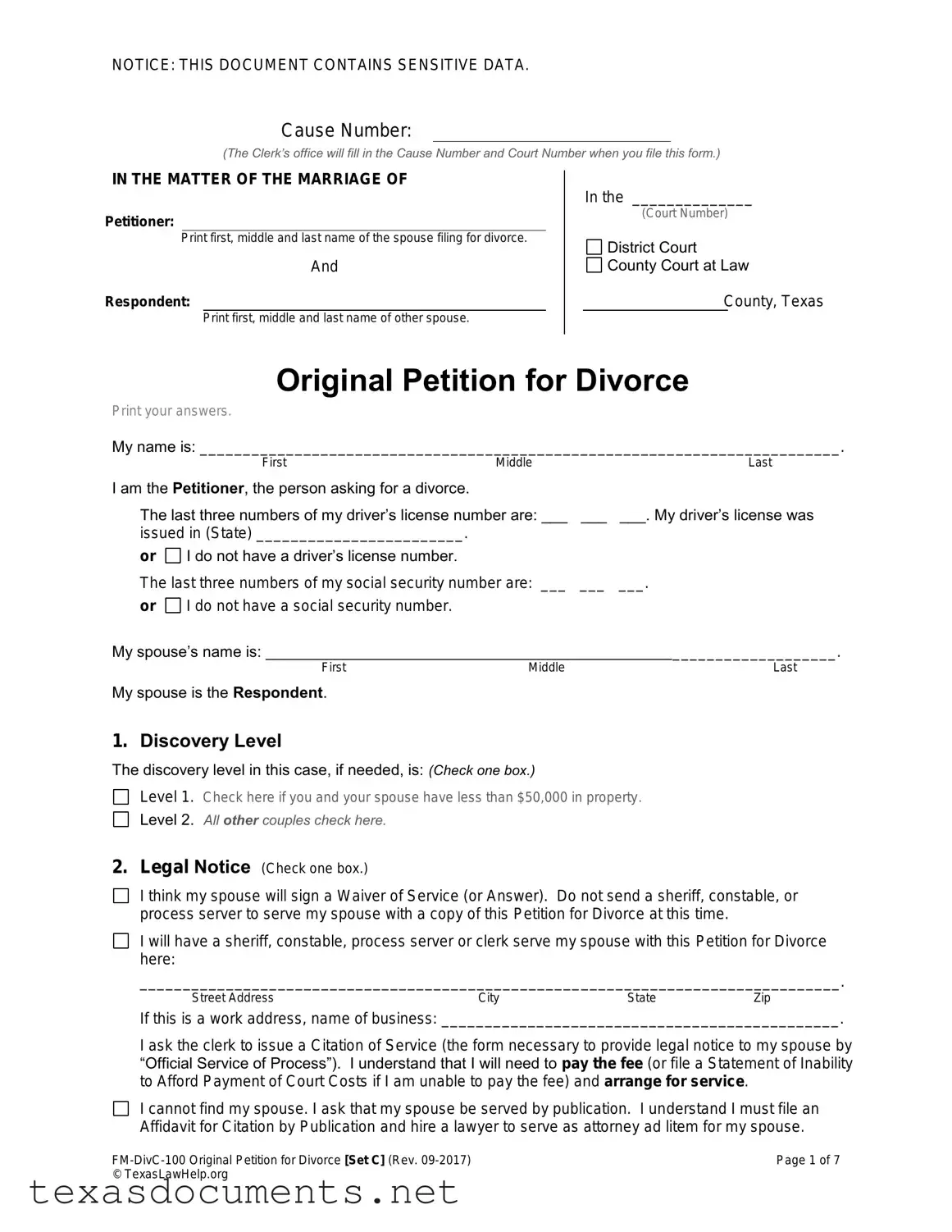 Fill Your Texas Law Help FM-DivC-100 Original Petition for Divorce Set C Form