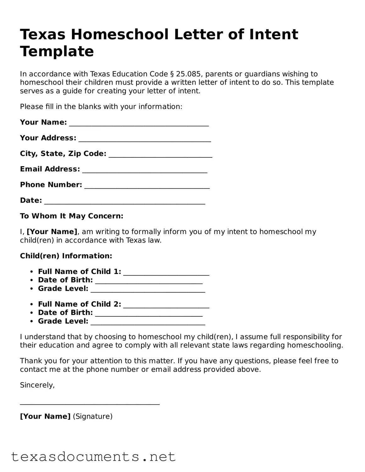 Fillable  Homeschool Letter of Intent Template for Texas