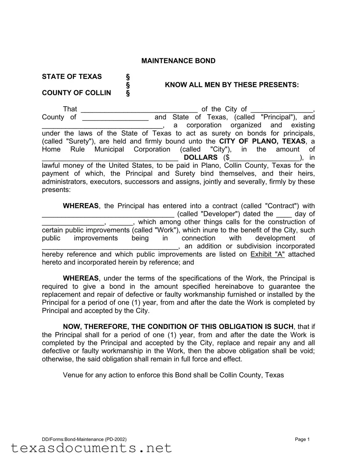 Fill Your Texas Maintenance Bond Form