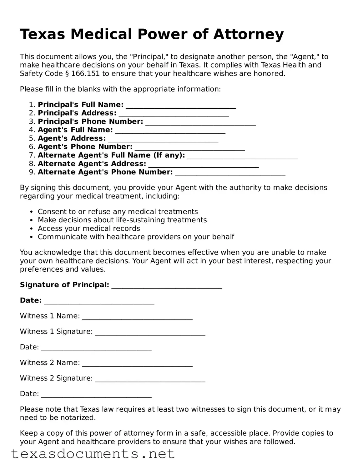 Fillable  Medical Power of Attorney Template for Texas