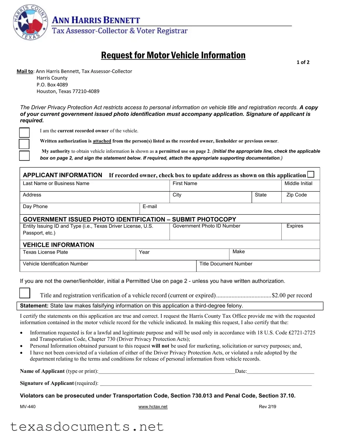 Fill Your Texas Mv 440 Form