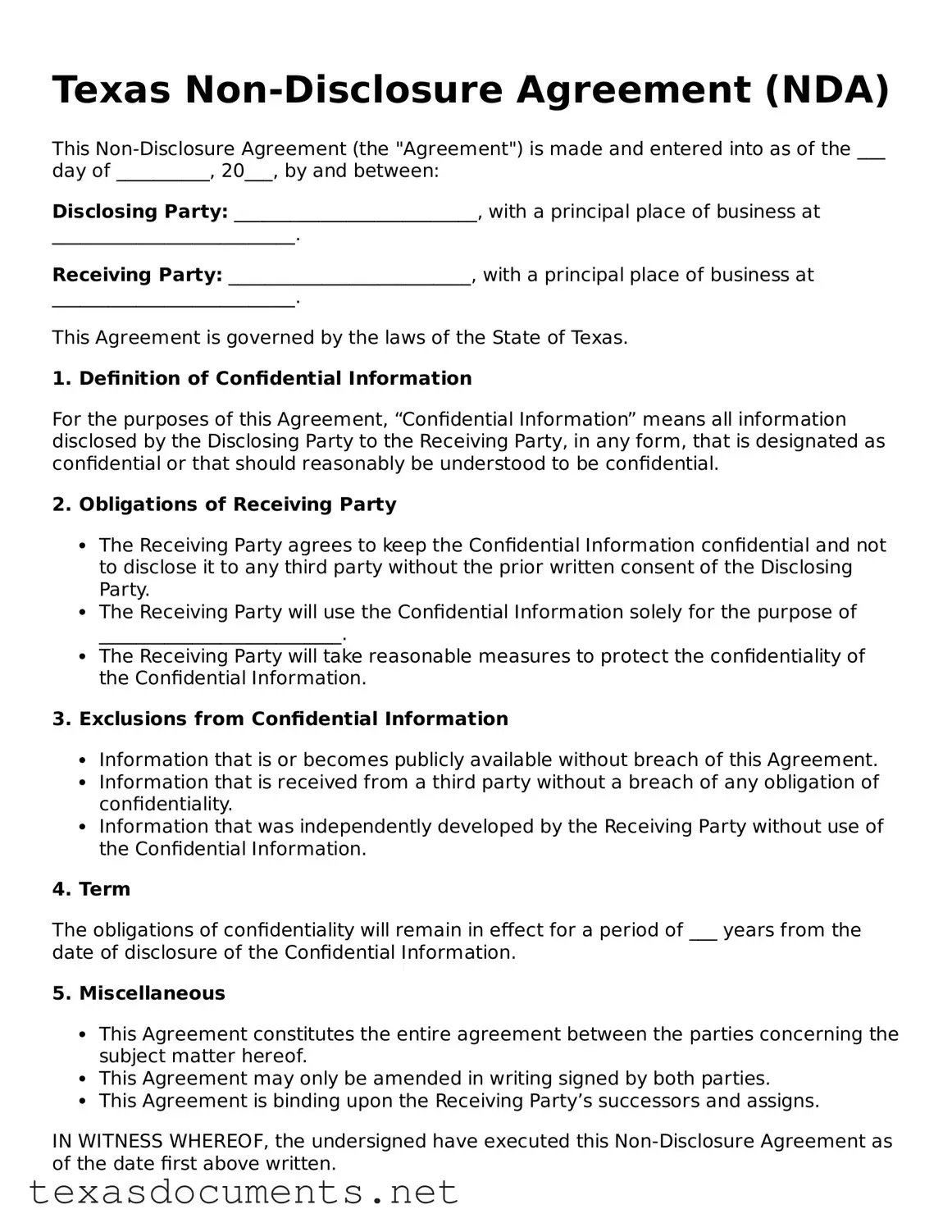 Fillable  Non-disclosure Agreement Template for Texas