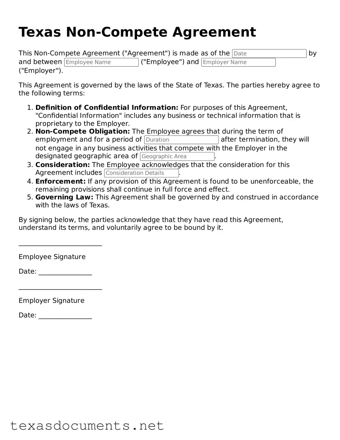 Fillable  Non-compete Agreement Template for Texas