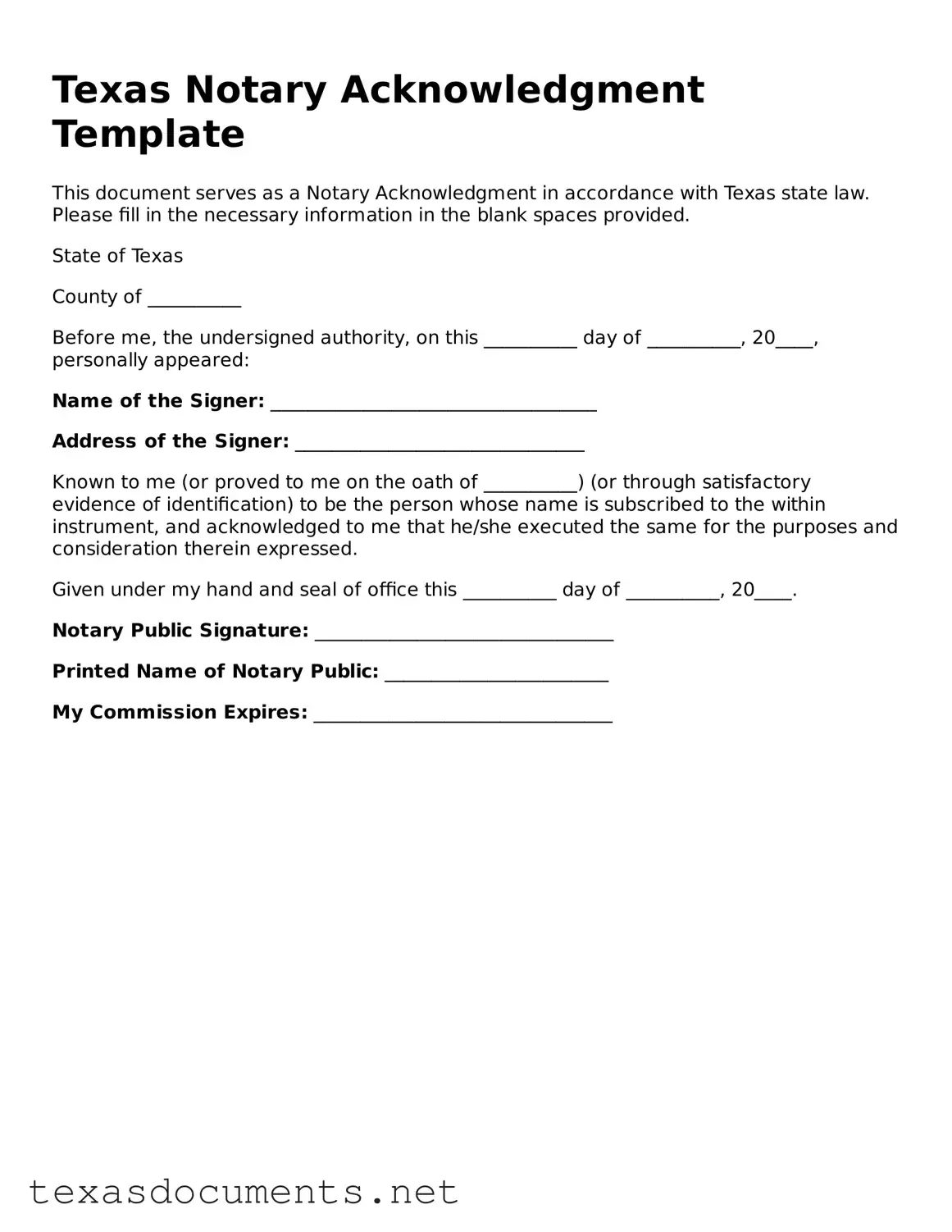 Fillable  Notary Acknowledgement Template for Texas