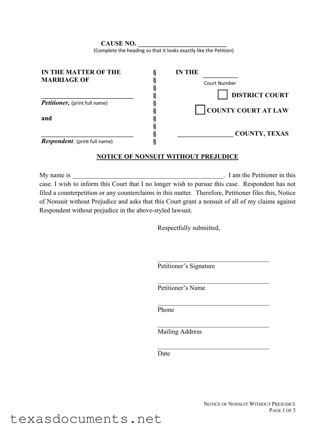 Fill Your Texas Notice Of Nonsuit Form