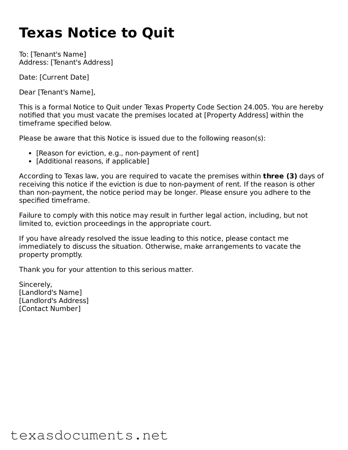 Fillable  Notice to Quit Template for Texas