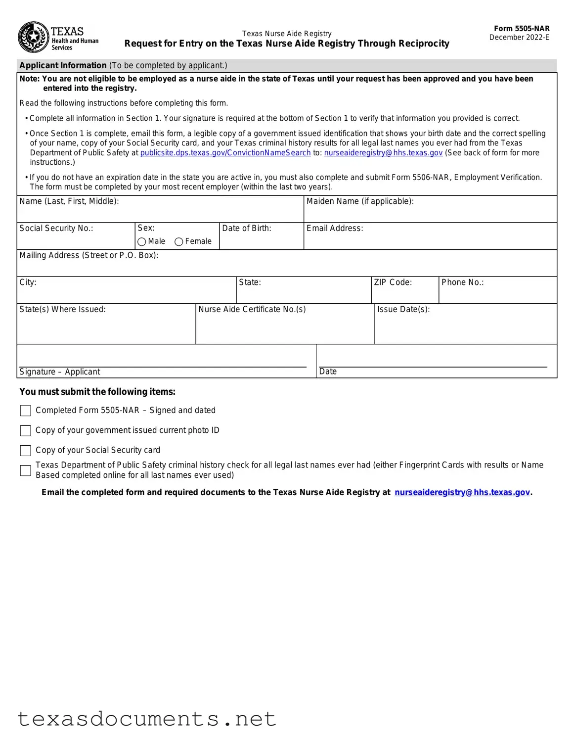 Fill Your Texas Nurse Aide Registry 5505-NAR Form