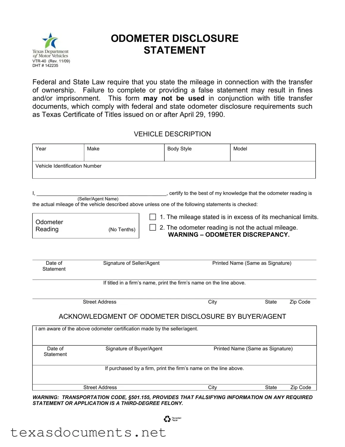 Fill Your Texas Odometer Statement Form