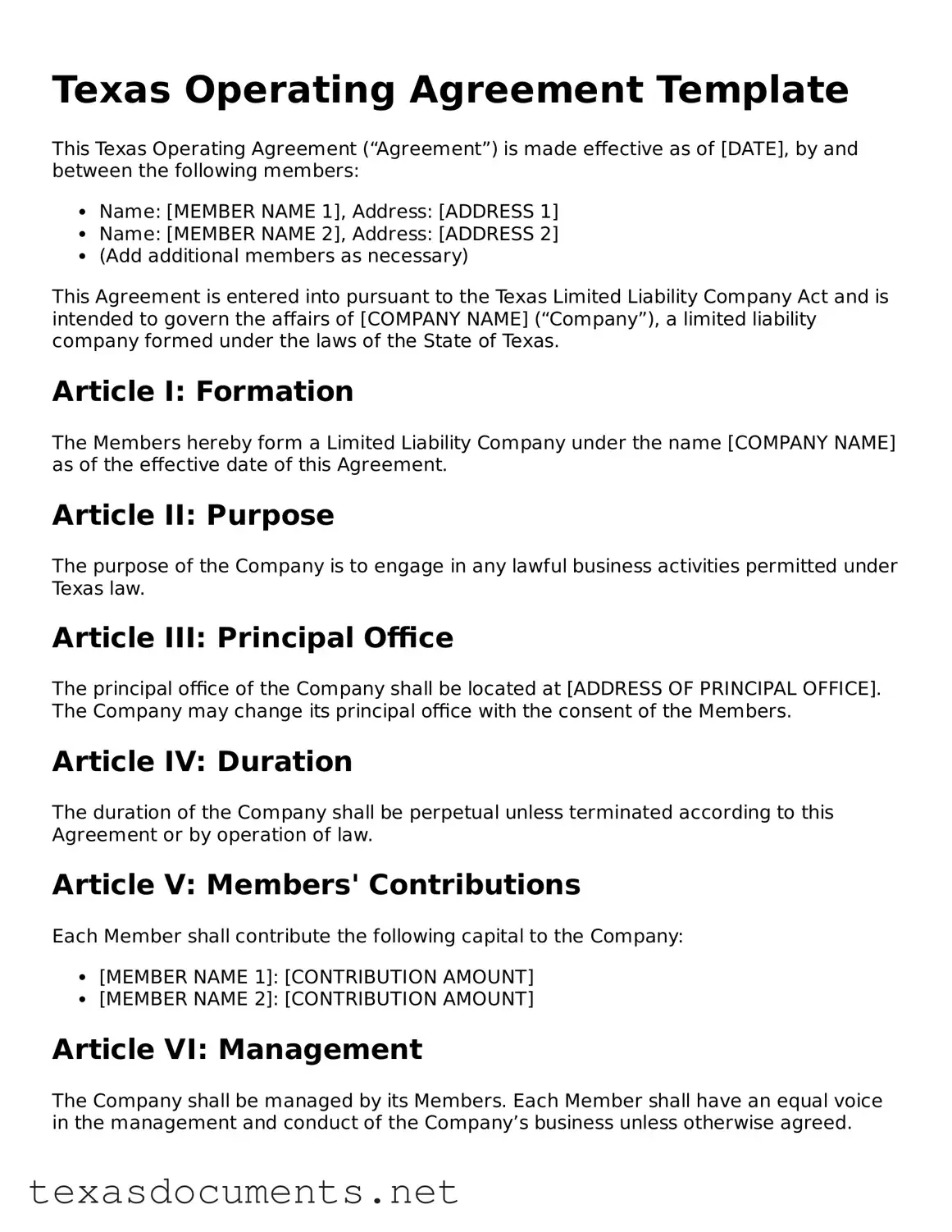 Fillable  Operating Agreement Template for Texas