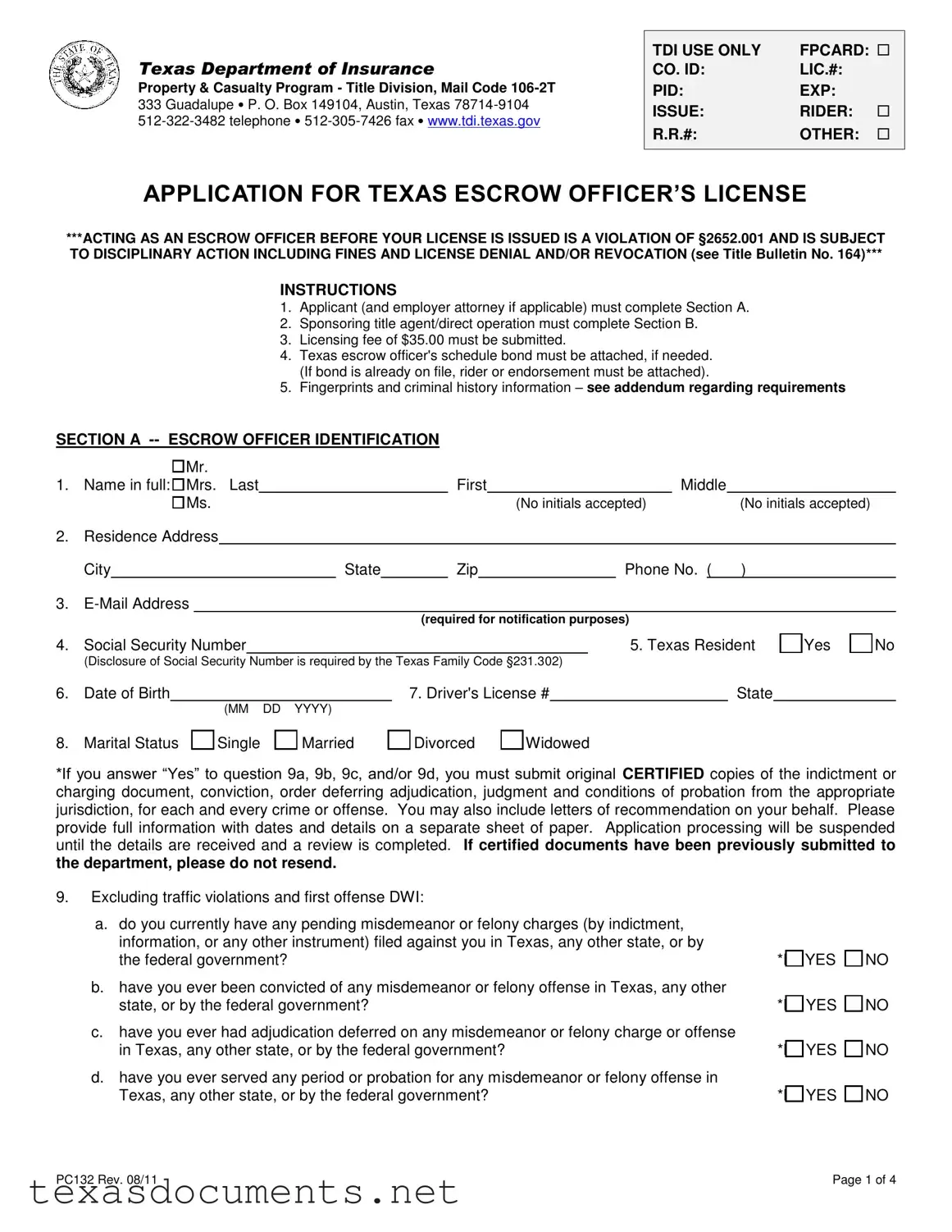 Fill Your Texas Pc132 Form