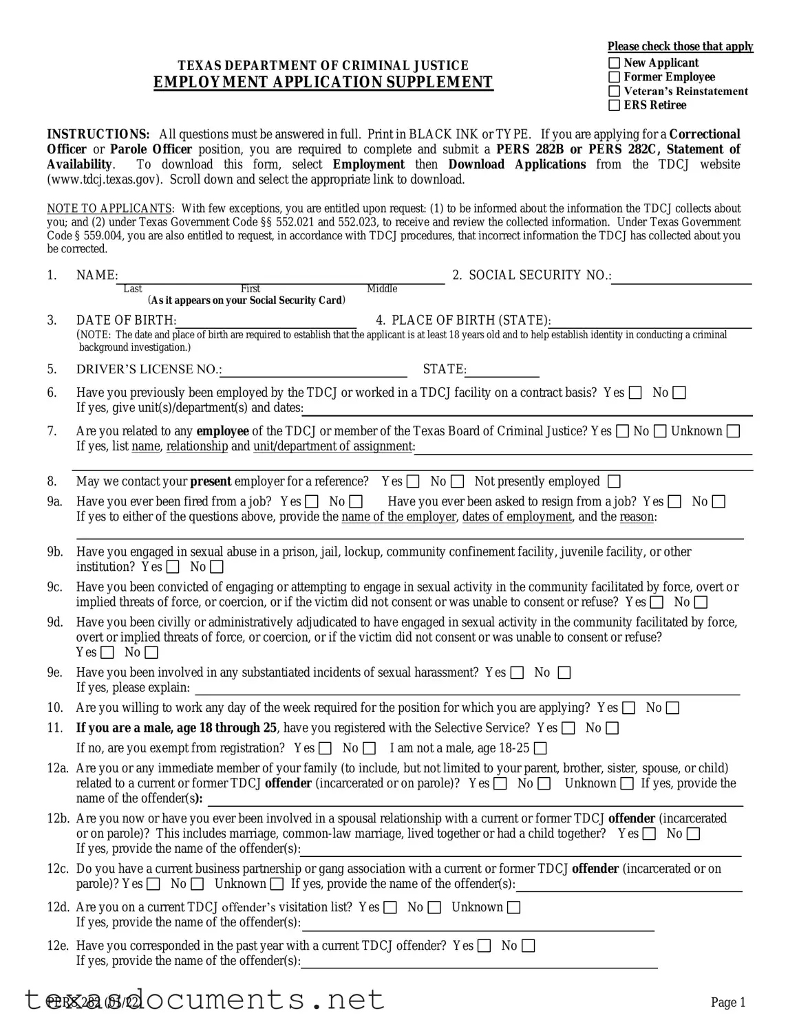 Fill Your Texas Pers 282 Form