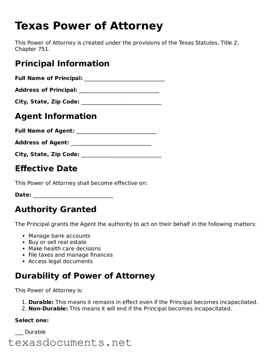 Fillable  Power of Attorney Template for Texas
