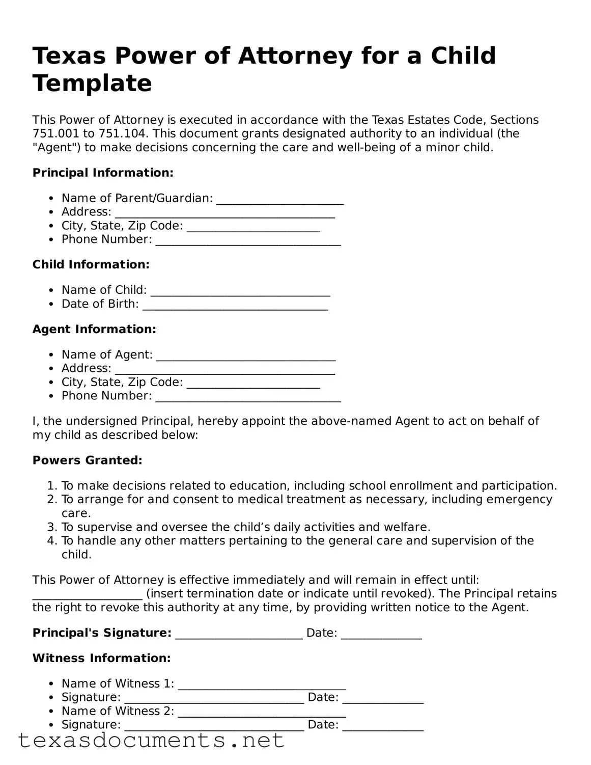 Fillable  Power of Attorney for a Child Template for Texas