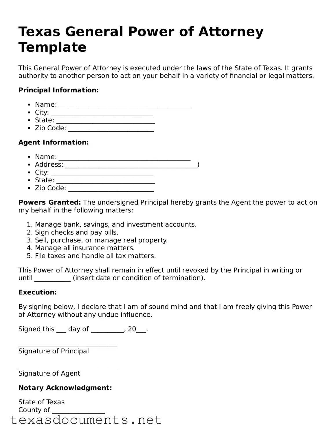 Fillable  General Power of Attorney Template for Texas