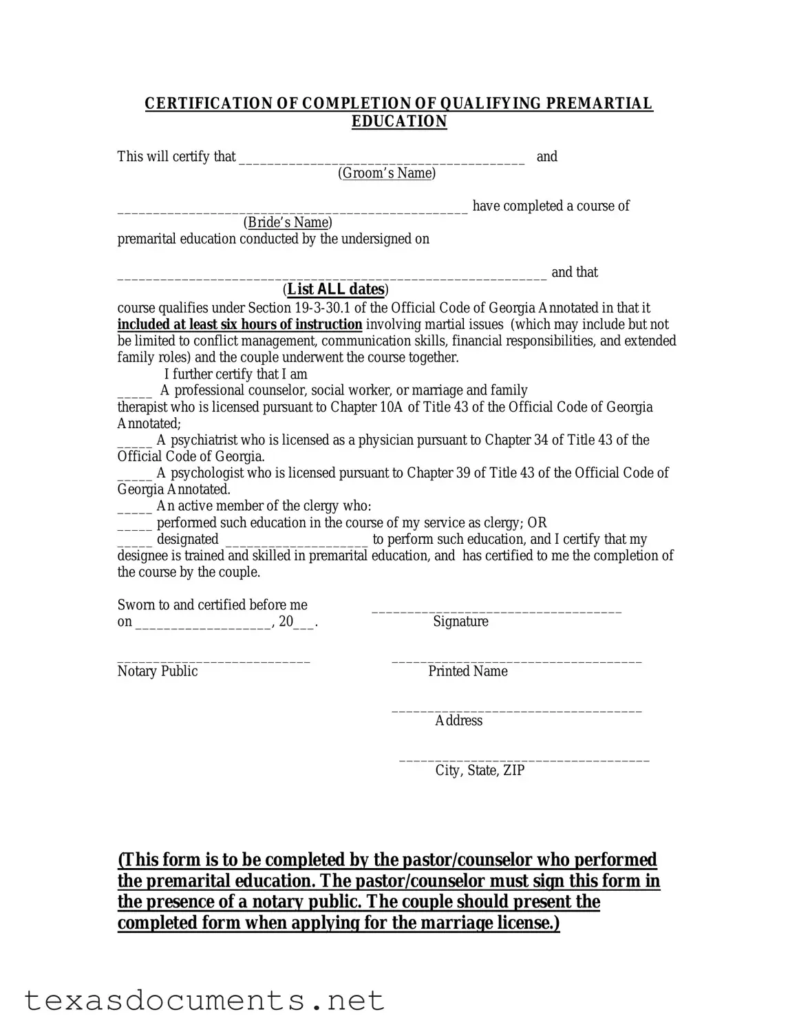 Fill Your Texas Premarital Course Certificate Form