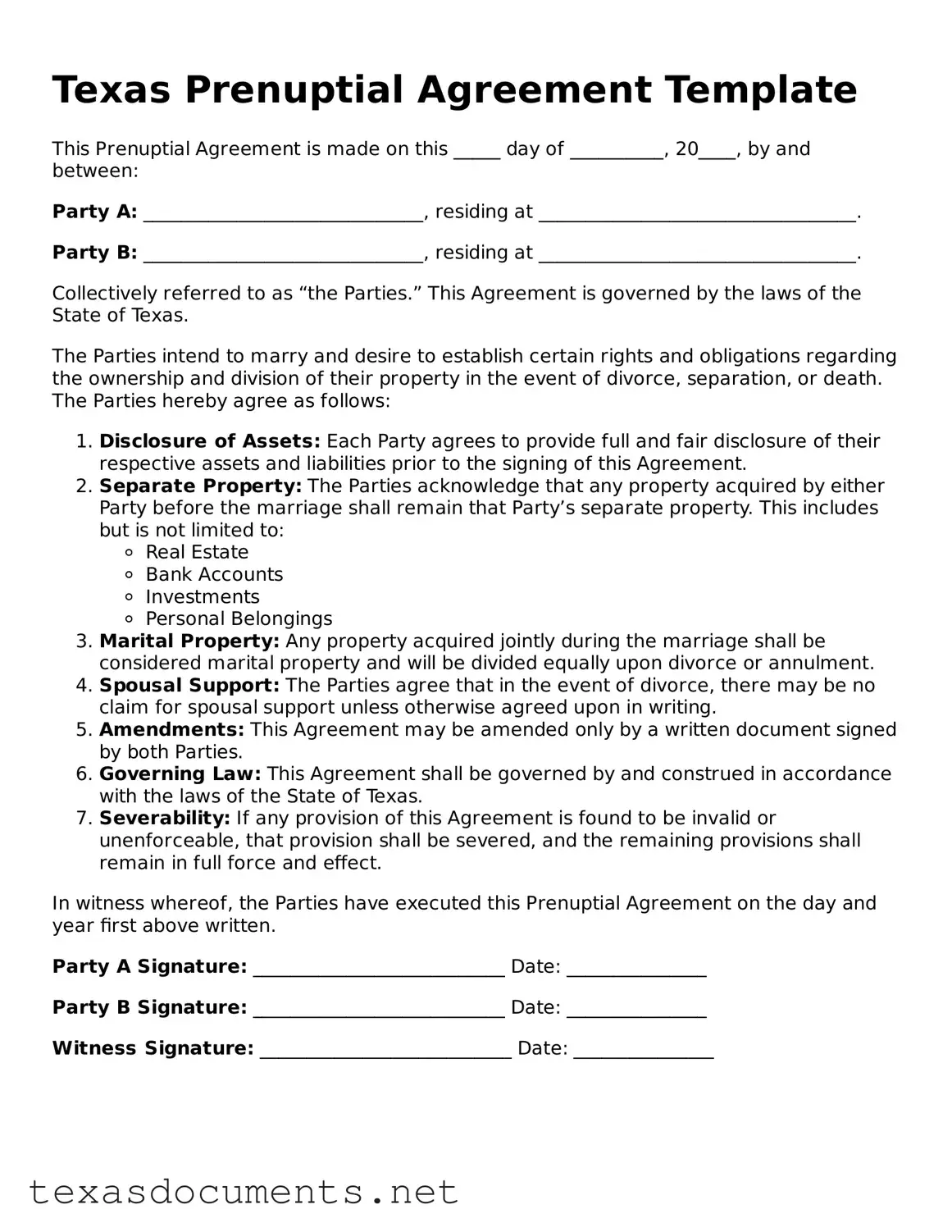 Fillable  Prenuptial Agreement Template for Texas
