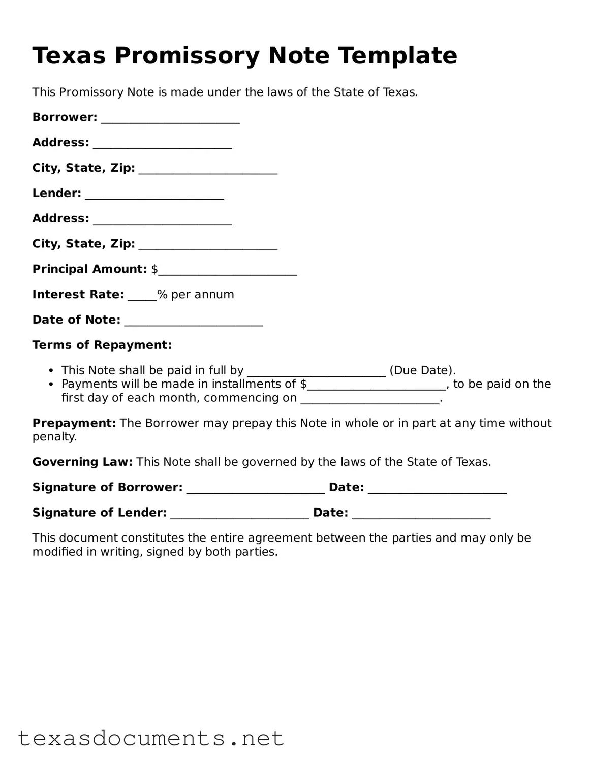Fillable  Promissory Note Template for Texas
