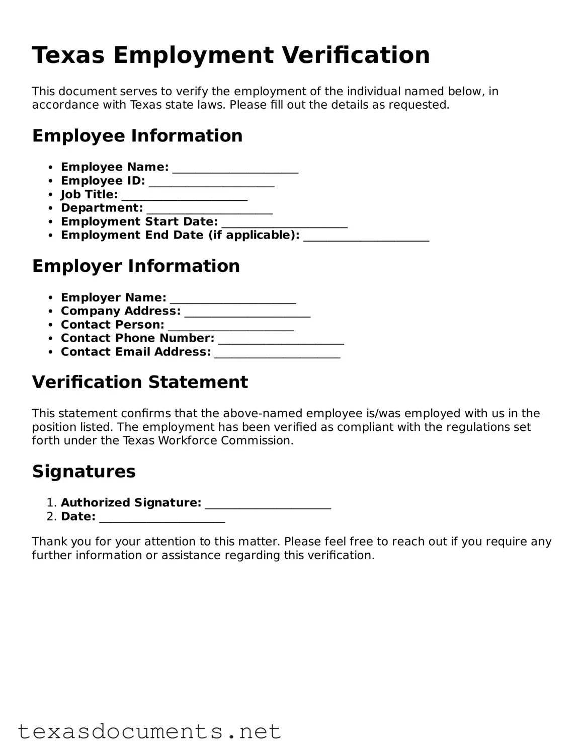 Fillable  Employment Verification Template for Texas